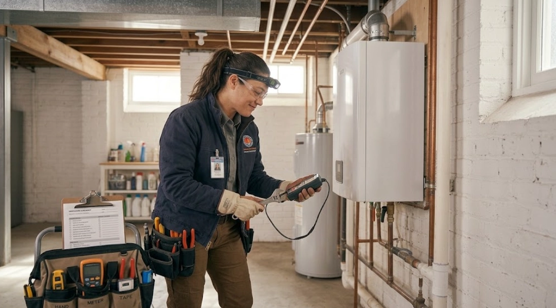 Heating technician inspecting and troubleshooting modern high-efficiency gas boiler controls and burner manifold