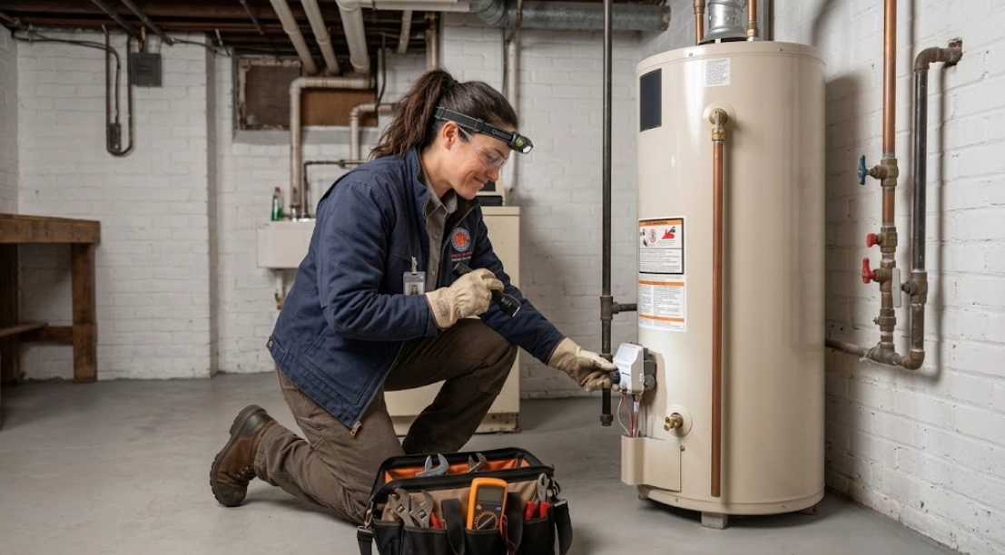 Plumbing technician checking thermostat controls and burner assembly on residential water heater